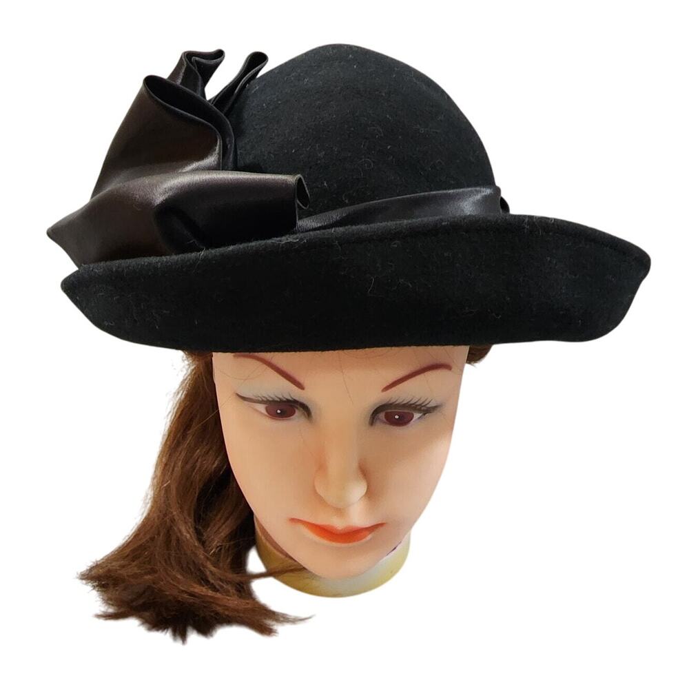 Michael Howard Miss Biermer 100% Black Wool Satin Ribbon Dress Church Hat Vtg